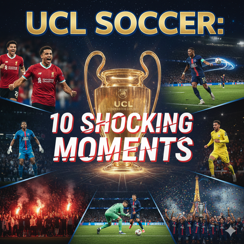UCL Soccer: Collage showing 10 shocking moments from the Champions League season, including upsets and the final celebration.