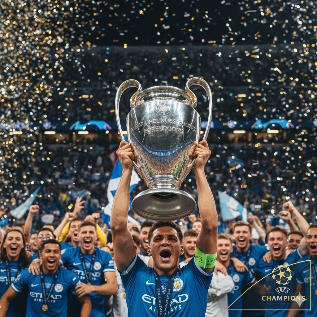 A victorious moment for one of the UEFA Champions League champions, lifting the trophy surrounded by confetti and celebrating teammates.