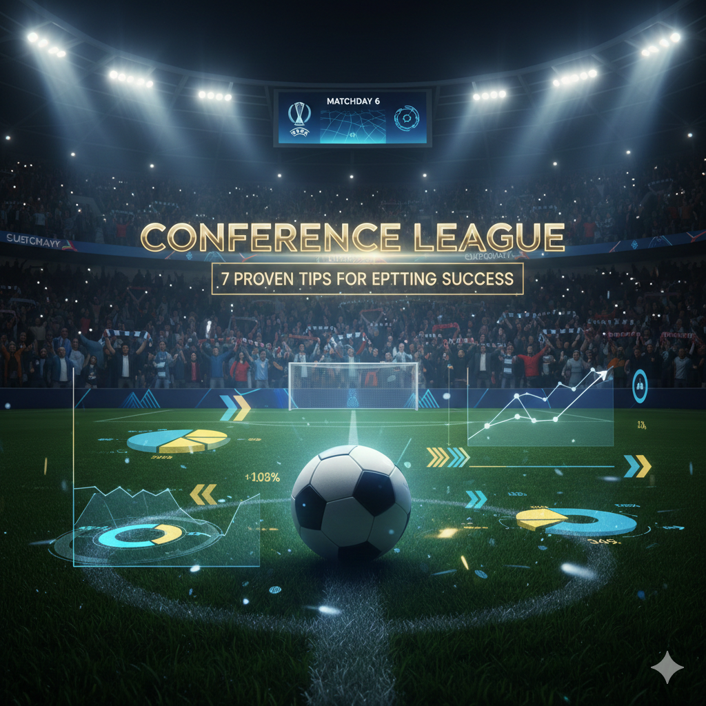 A high-tech football stadium display showing conference league data analytics and 7 proven tips for betting success.