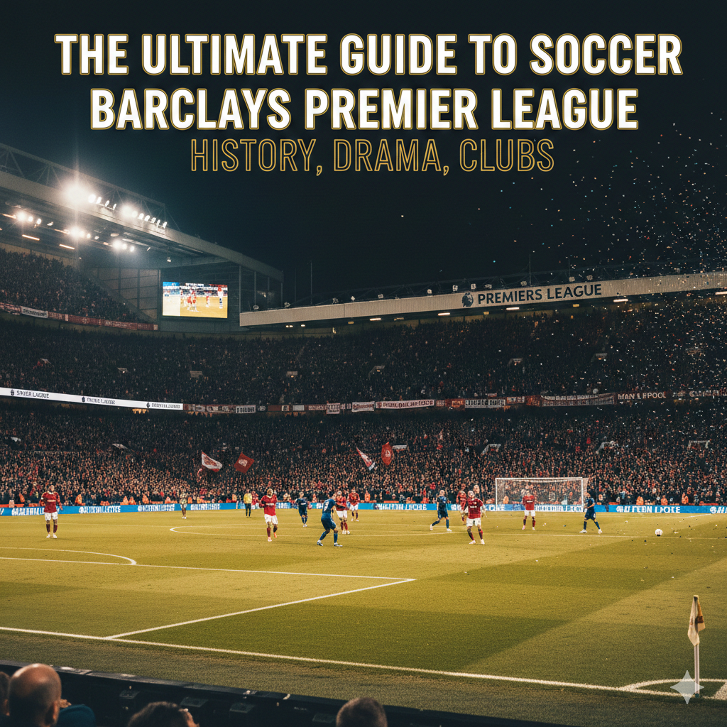 Action shot of a major match in the soccer barclays premier league at night, showing the packed stadium and players.