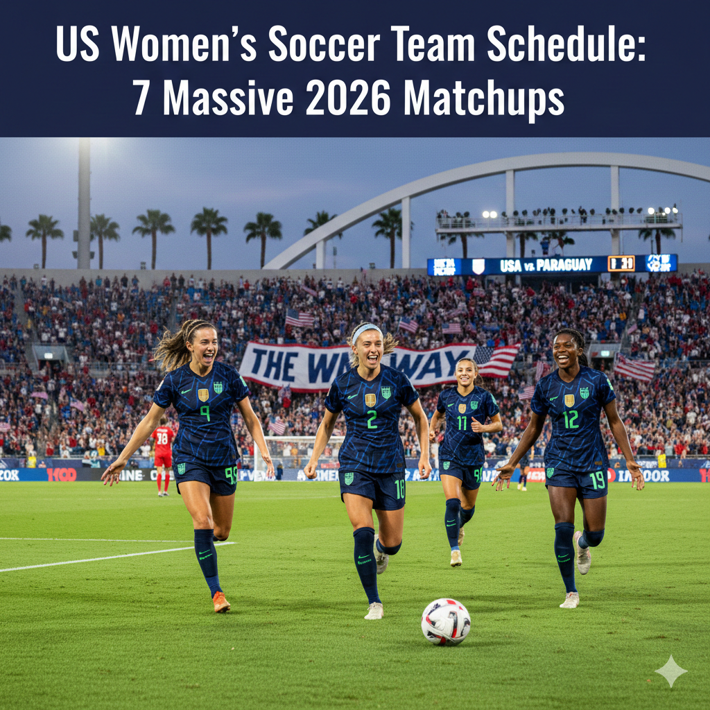 A high-action photo of USWNT players celebrating on the pitch with a stadium background, highlighting the upcoming US women's soccer team schedule.