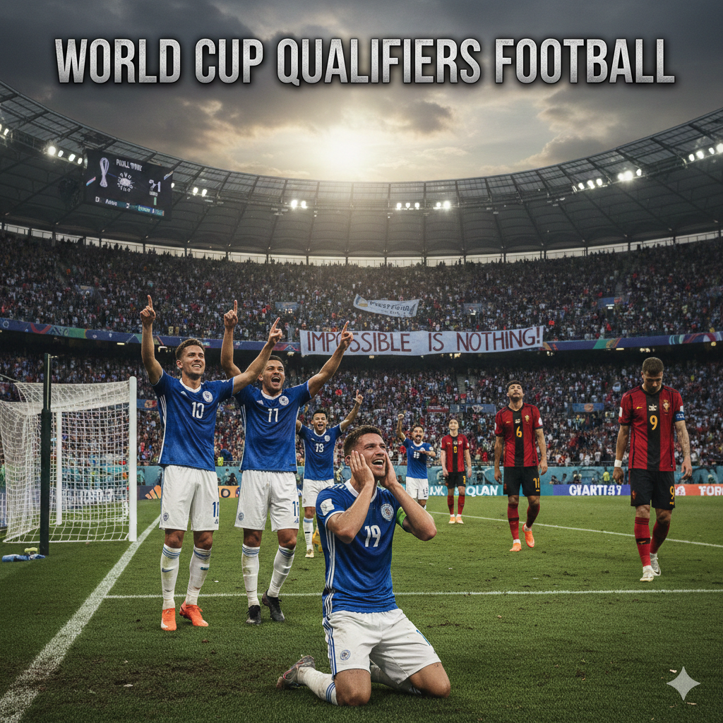 World Cup Qualifiers Football: Underdogs celebrating shocking upset win over disappointed favorites.