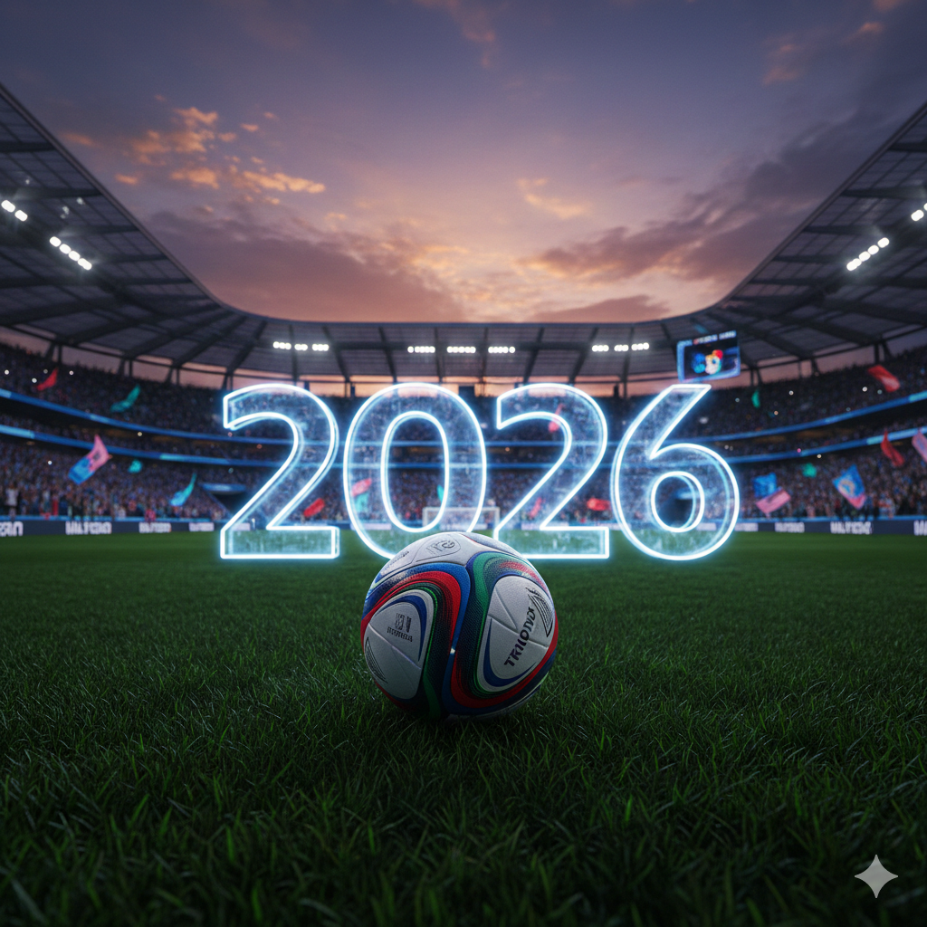 A high-resolution cinematic view of a North American stadium featuring the official Trionda match ball and a glowing neon 2026 sign, representing the blog post "2026 FIFA World Cup: Shocking Predictions & Powerful Insights."