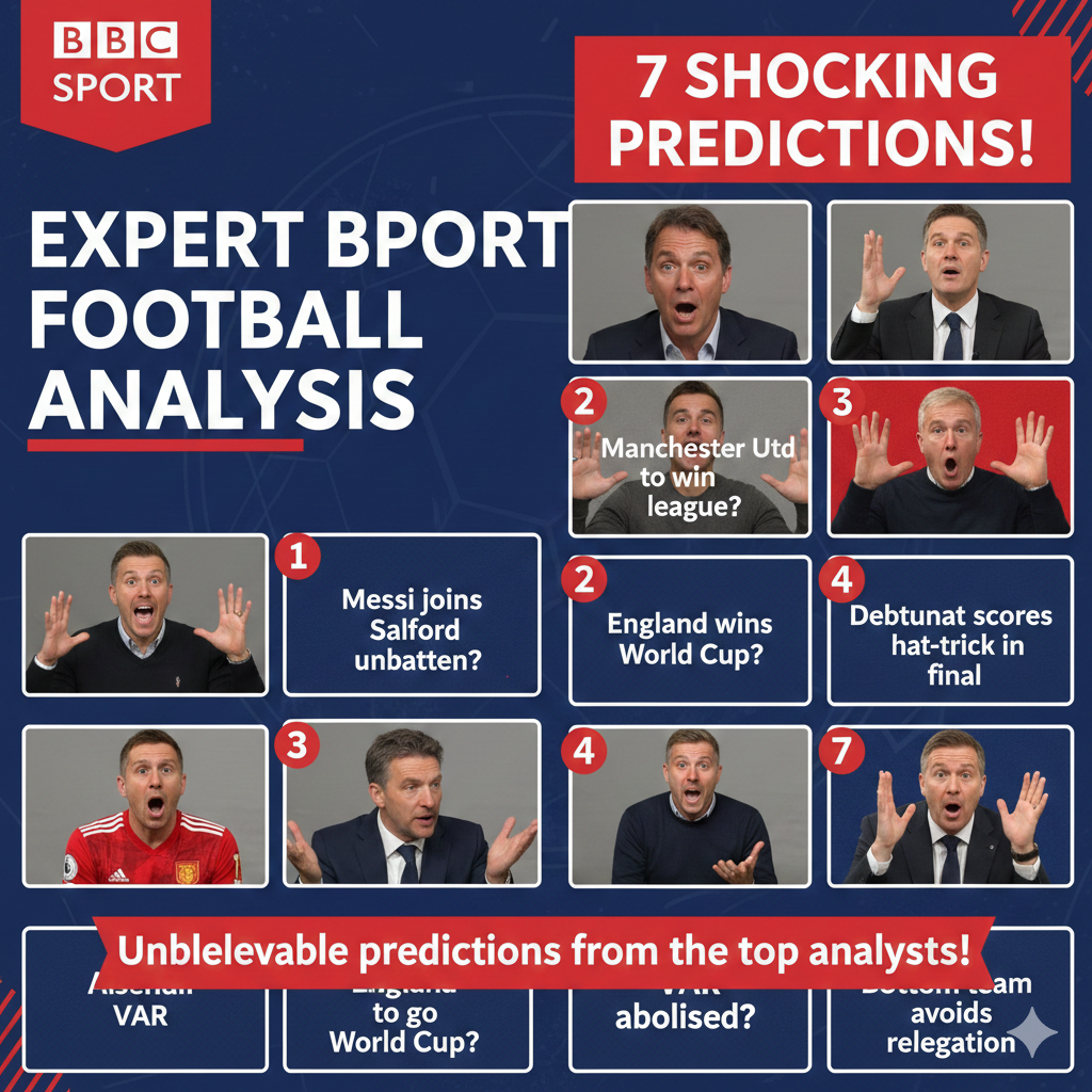 A high-energy graphic featuring football pundits and bold headlines for Expert BBC Sport Football Analysis: 7 Shocking Predictions!