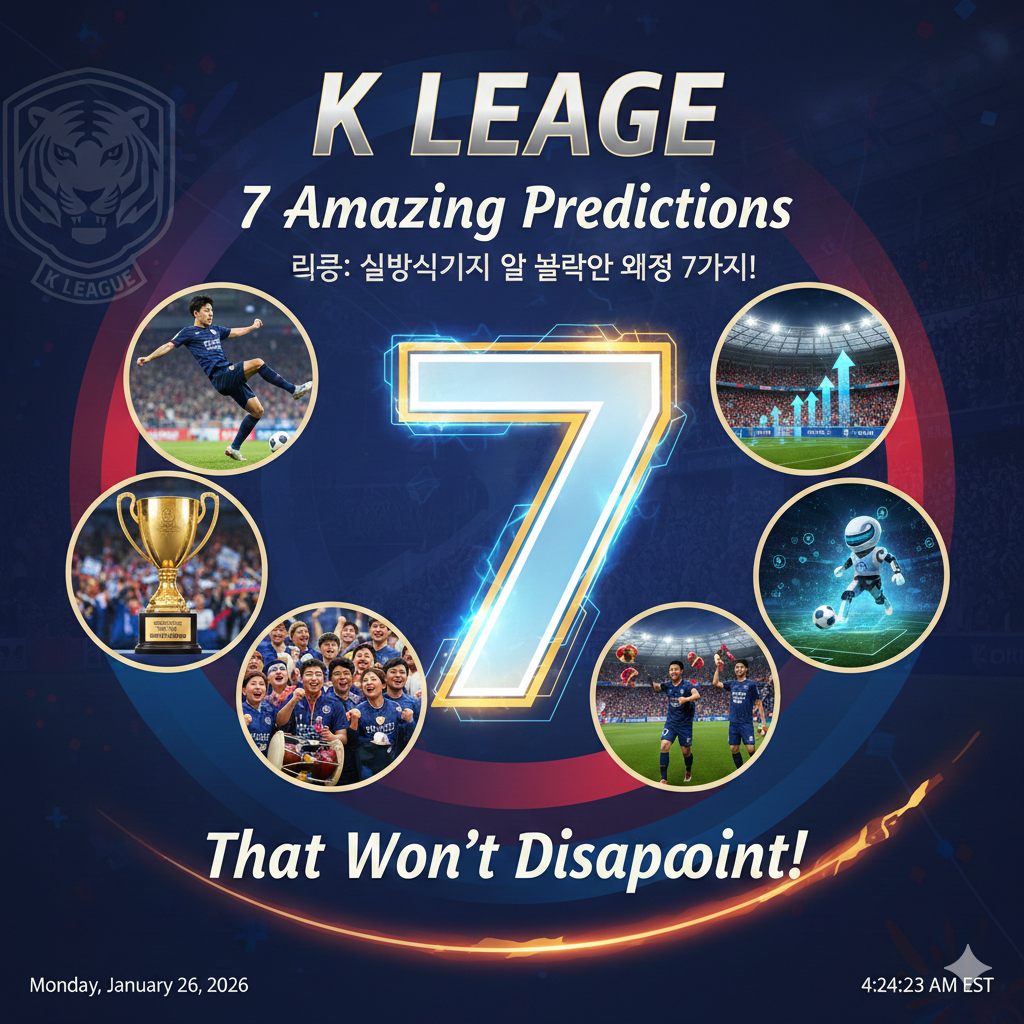 A high-energy K League soccer graphic featuring a glowing number 7, a gold trophy, cheering fans, and a professional soccer player in action.