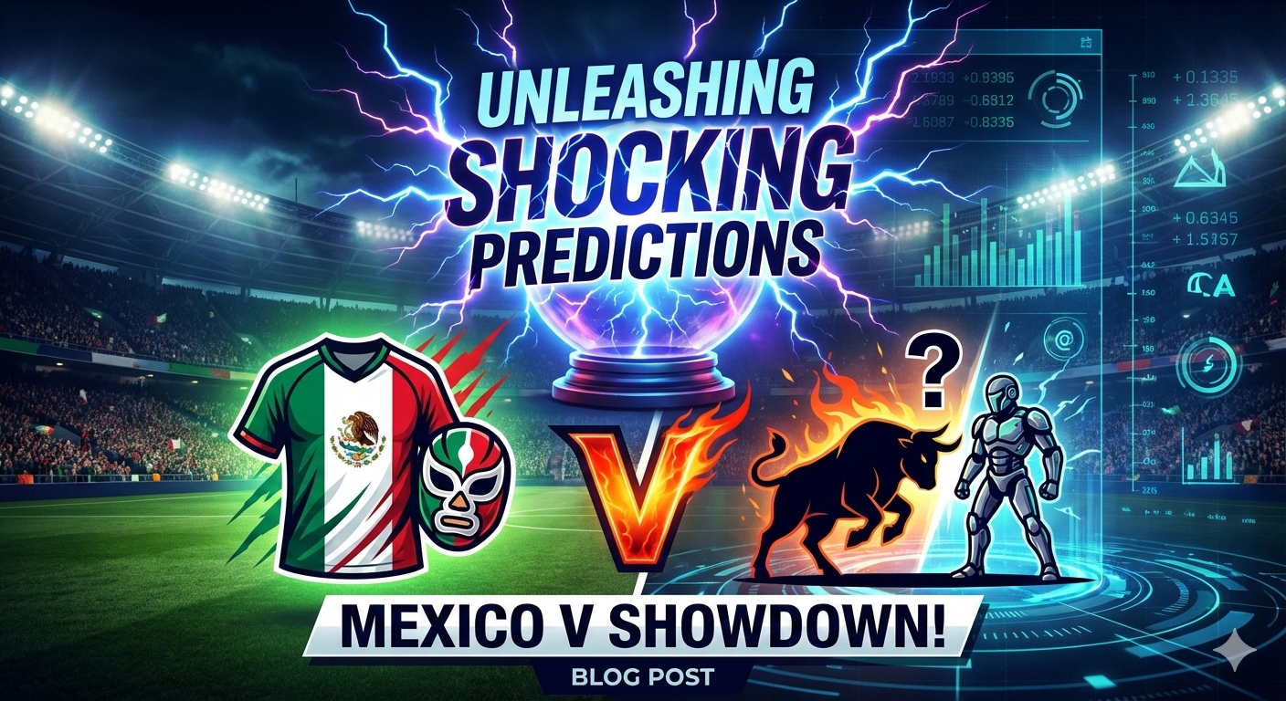 A high-energy sports graphic for "Mexico v Showdown" featuring a soccer stadium, a glowing crystal ball with lightning, the Mexico national team jersey, and a fiery bull and robot silhouette.