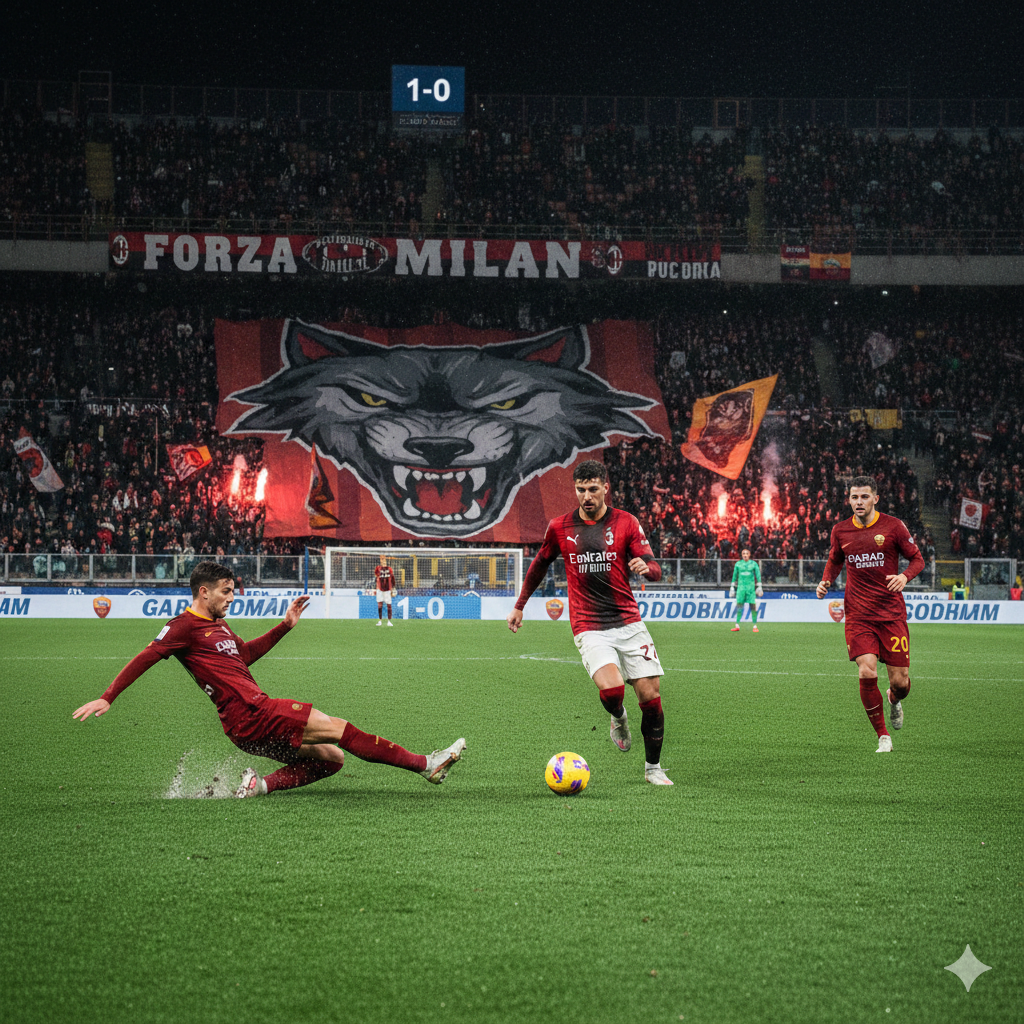 A high-intensity action shot of the milan vs as roma football match under stadium lights with passionate fans in the background.