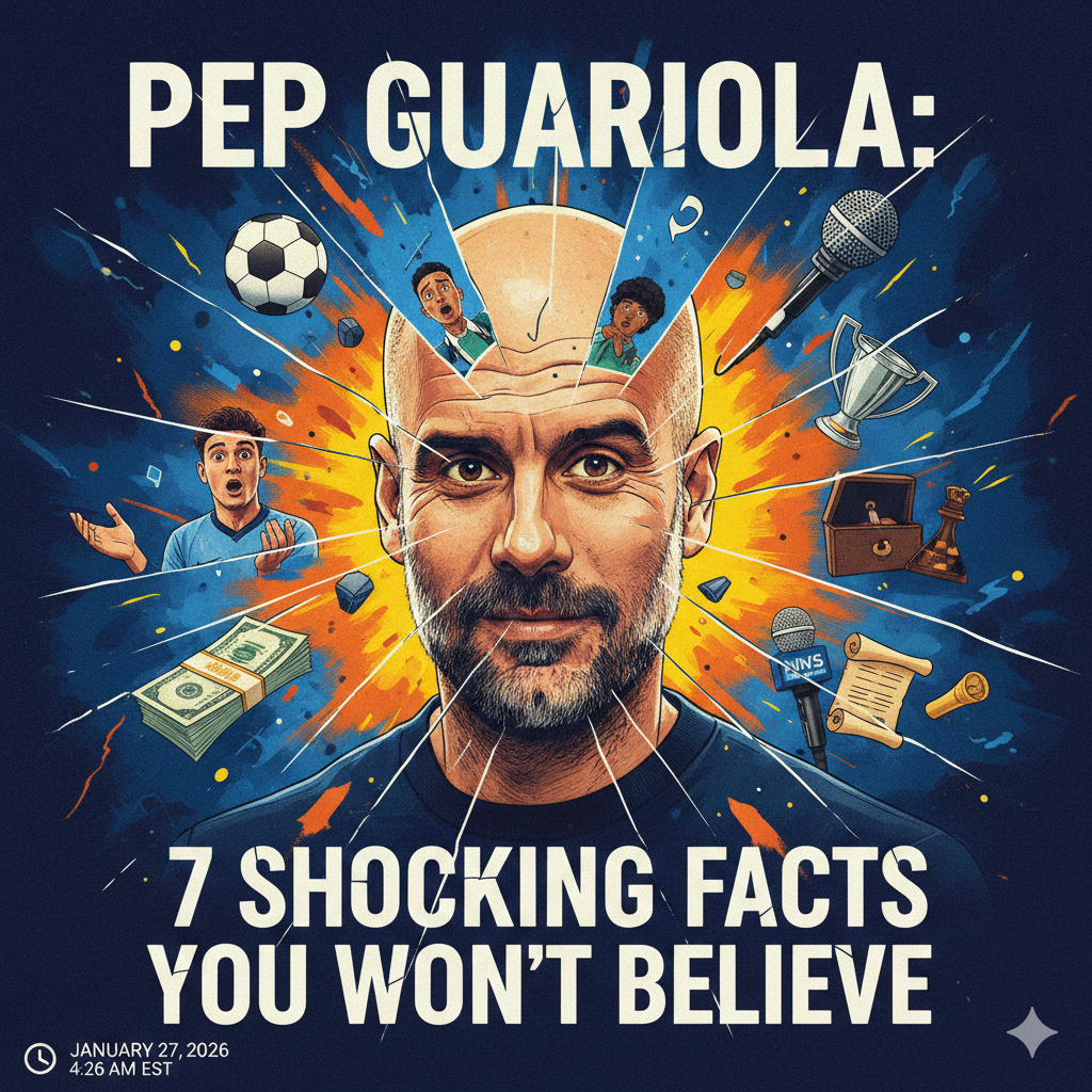A dynamic illustration of football manager Pep Guardiola with an "exploding head" effect, surrounded by icons like a trophy, a chessboard, and a microphone.
