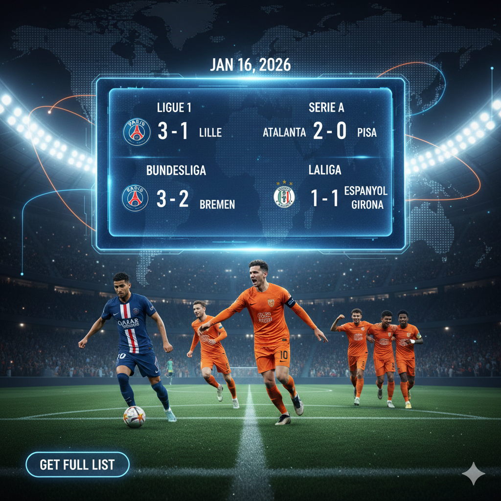 A high-tech digital scoreboard displaying soccer predictions and score analysis for top European leagues on January 16, 2026.