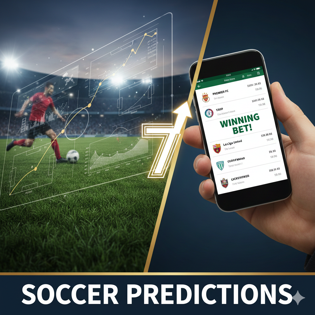 Soccer predictions displayed on a digital screen with a player in a stadium background.