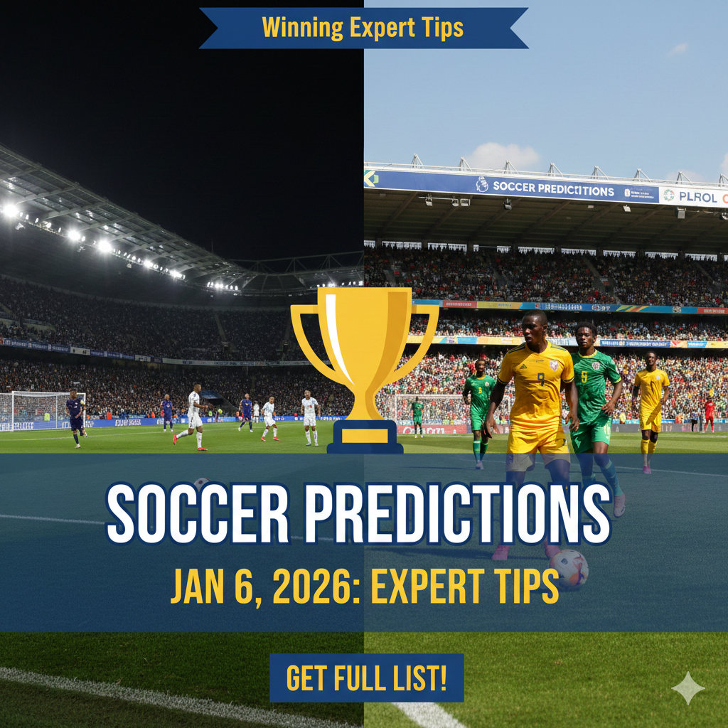 A professional graphic showing a football stadium and trophy representing data-driven soccer predictions for today's matches.